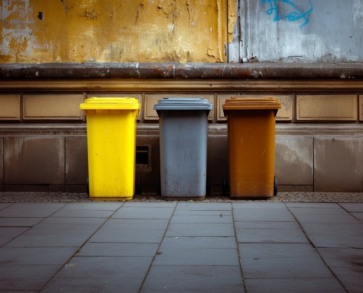 Trois poubelles Handybag pour tri sélectif devant un mur