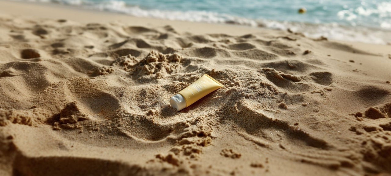 Un tube de crème solaire jaune est posé sur le sable chaud d’une plage, avec la mer en arrière-plan, illustrant la protection solaire lors des journées estivales au bord de l’eau