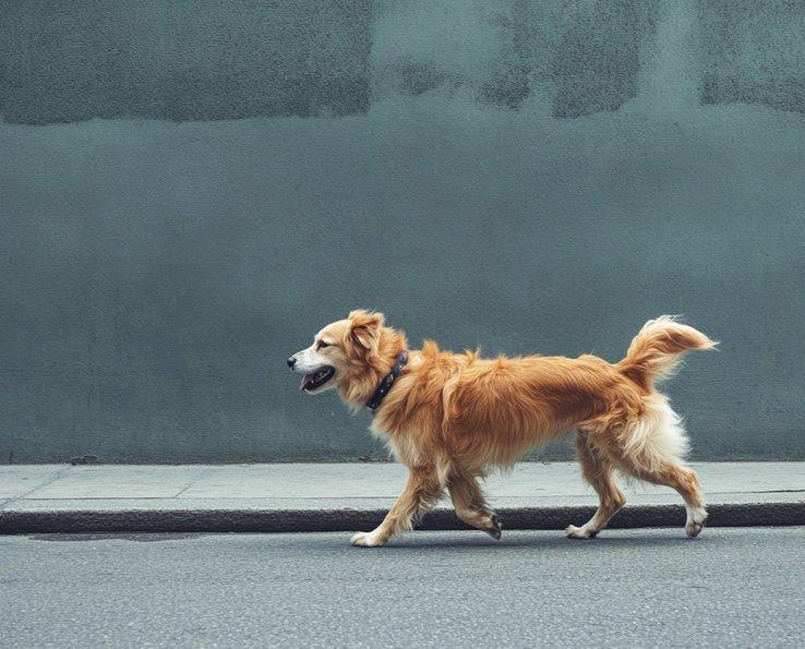 Chien marche sur un trottoir urbain devant un mur