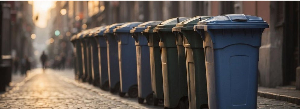 Rangee de bacs bleus et verts alignes dans une rue pavee au lever du jour