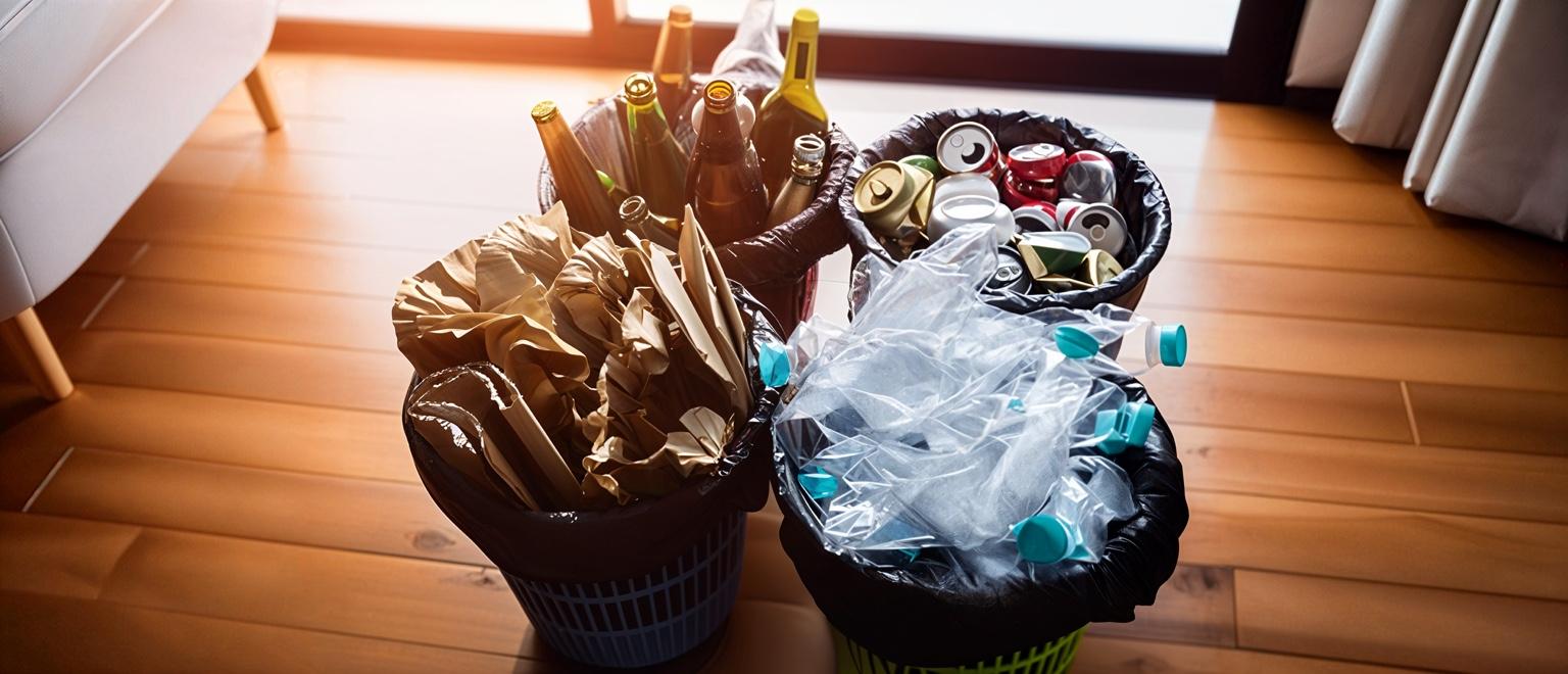 Trois poubelles de tri sélectif contenant papier, verre et plastique dans un salon
