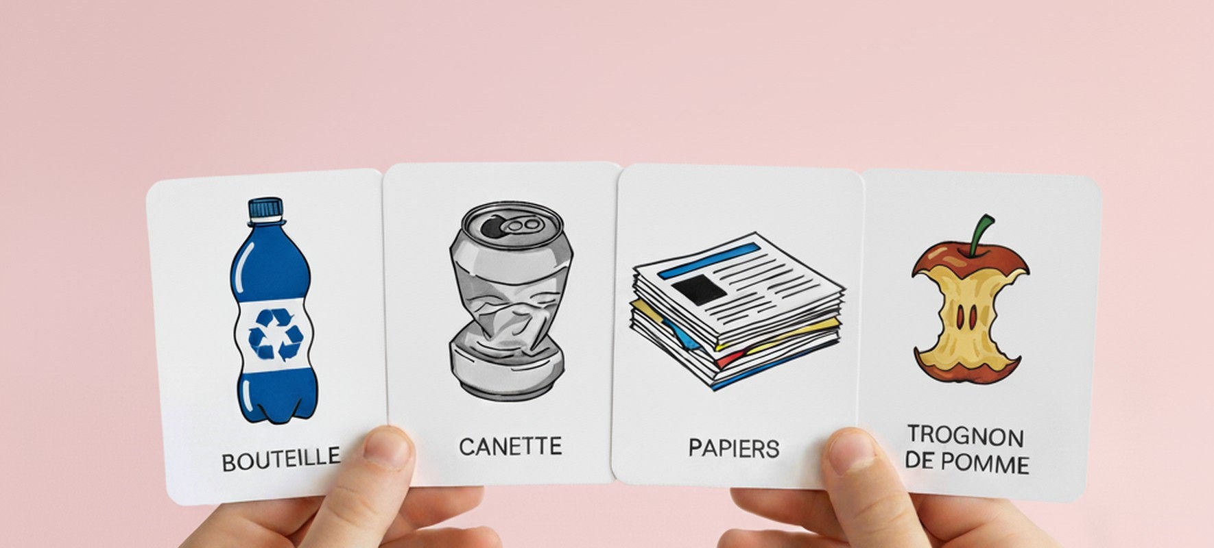 Mains cartes bouteille canette papiers pomme 