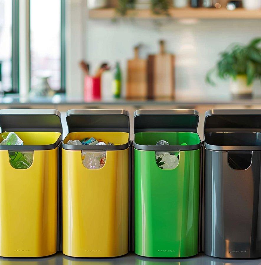 Bacs de tri sélectif jaunes, verts et noirs alignés sur un plan de travail de cuisine