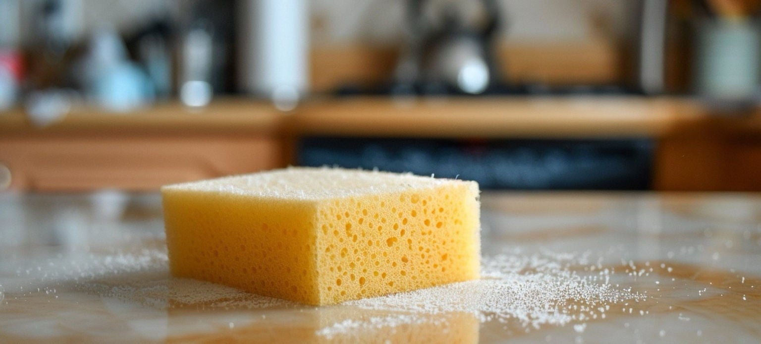 Éponge jaune mouillée sur un plan de travail de cuisine