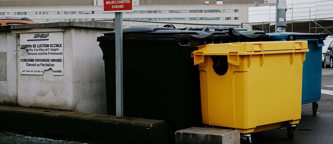 Deux poubelles, l’une jaune et l’autre noire, posées sur un trottoir urbain