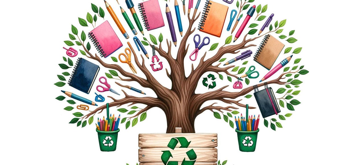 Illustration représentant un arbre de recyclage composé de cahiers et de fournitures scolaires, symbolisant l’importance du recyclage à l’école