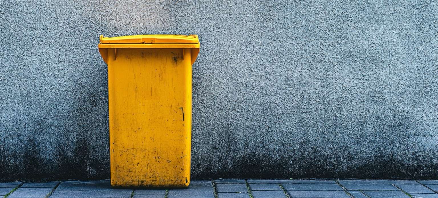 Poubelle jaune Handybag posée devant un mur gris