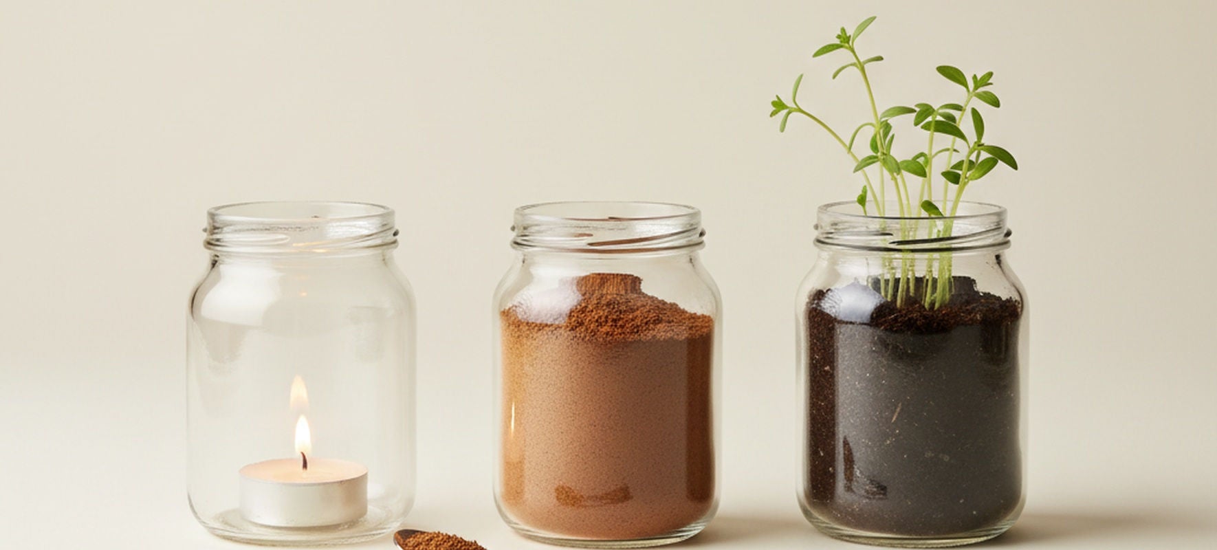 Trois bocaux en verre sont alignés : le premier abrite une bougie, le second du marc de café, et le troisième de la terre avec des plantes en croissance, illustrant des idées de réutilisation et de recyclage créatif 