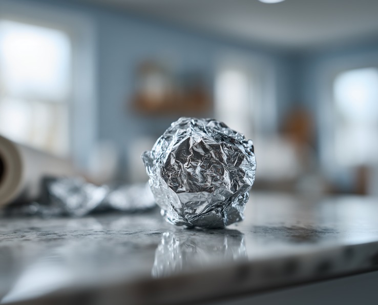 Bola de papel de aluminio sobre una encimera con un rollo desenfocado en segundo plano