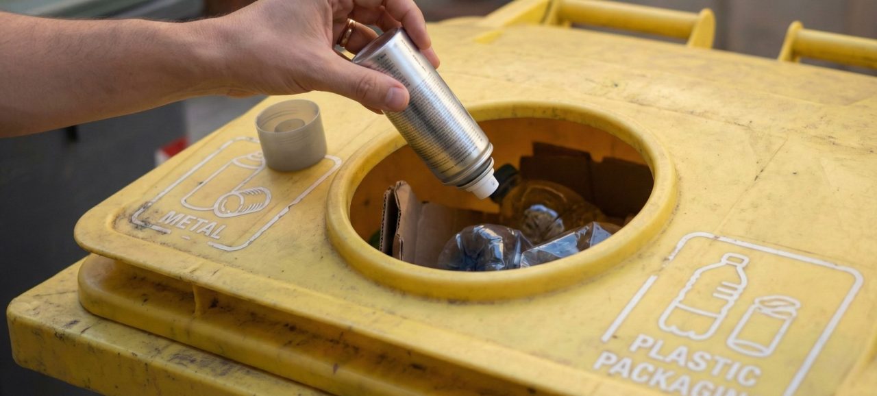 Mano depositando un aerosol en un contenedor amarillo de reciclaje de envases