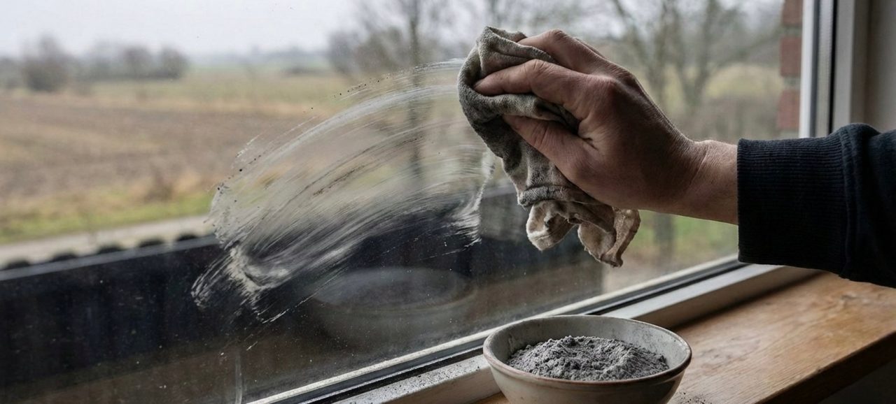 Mano limpiando una ventana con un paño, cuenco de polvo gris sobre el alféizar