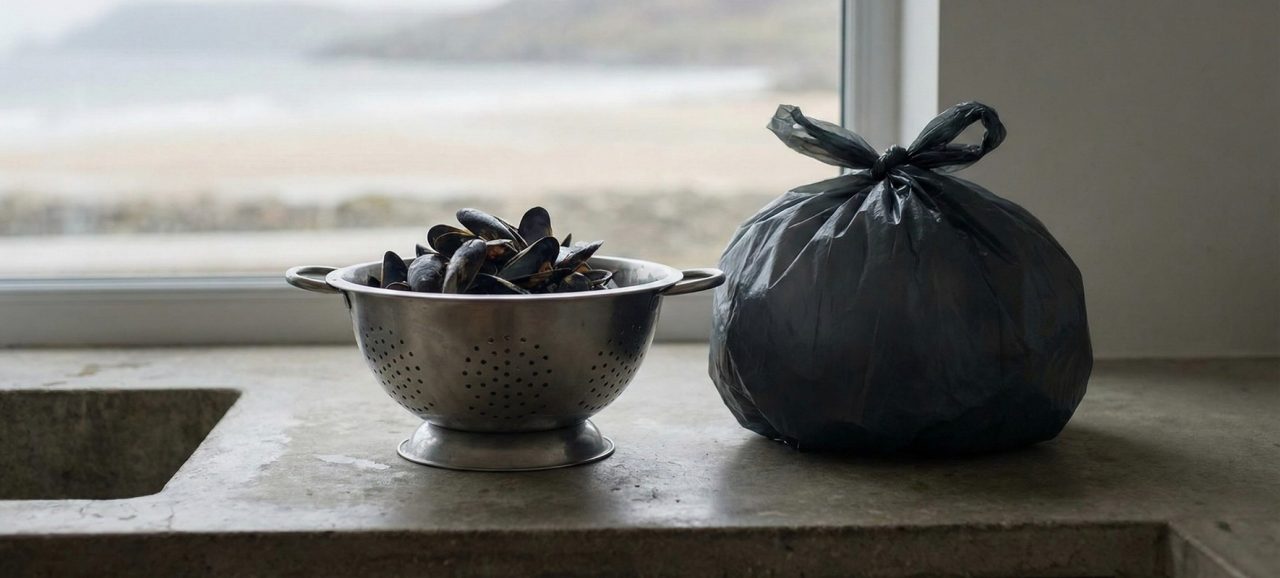 Colador con mejillones y bolsa de basura negra sobre una encimera junto a una ventana