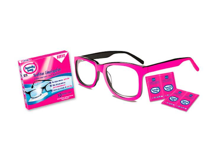 Caja de toallitas limpiadoras para gafas Handybag acompañada de gafas y sobres individuales