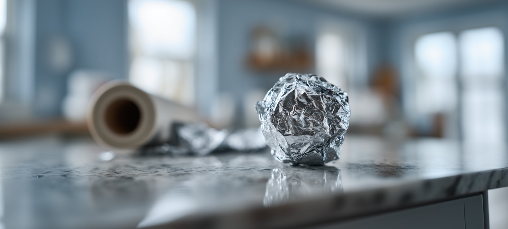 Bola de papel de aluminio sobre una encimera con un rollo desenfocado en segundo plano