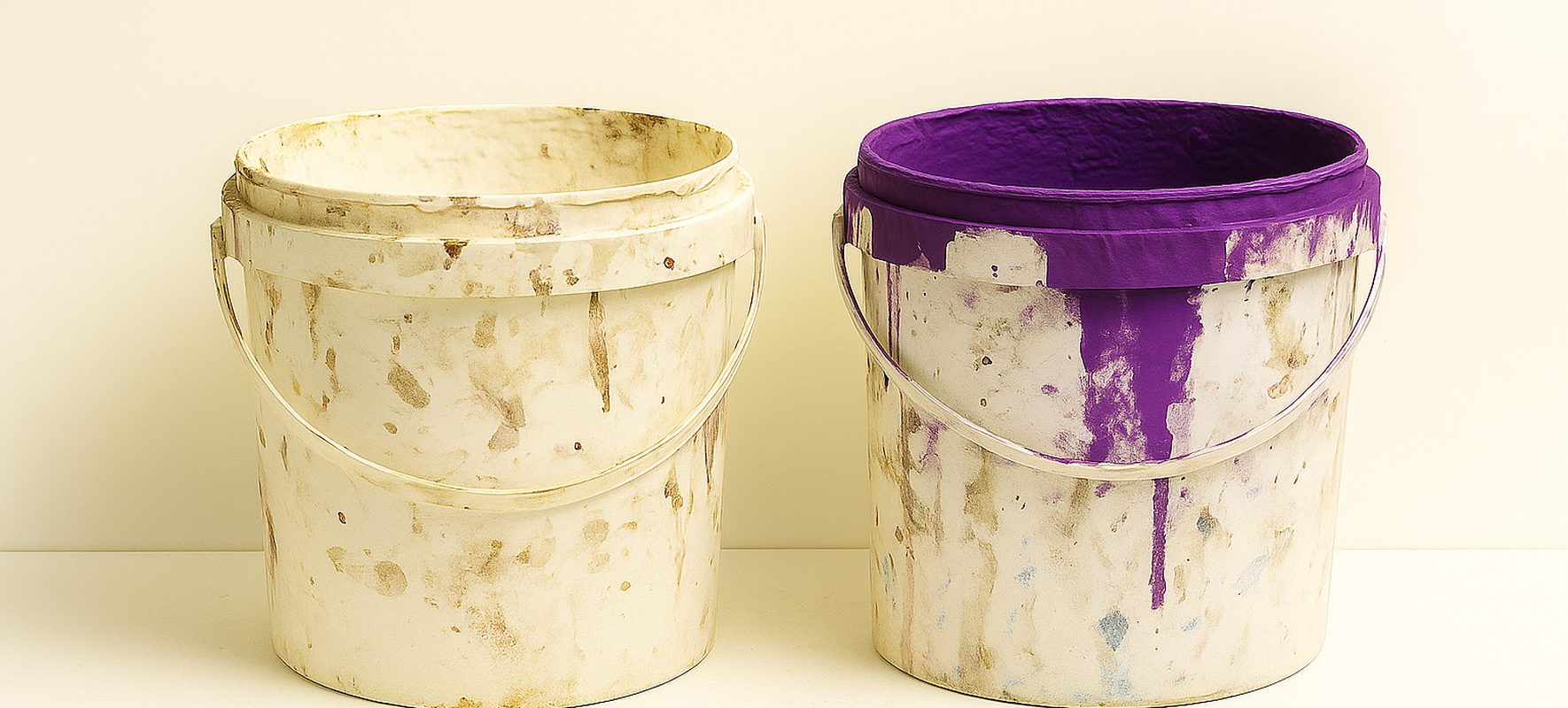 Dos cubos de pintura de plástico manchados, uno de ellos con pintura violeta, colocados sobre fondo claro
