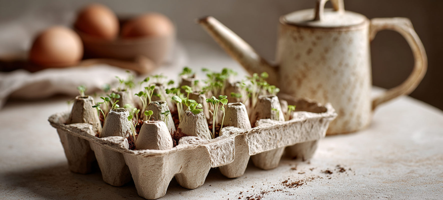 Brotes jóvenes en una caja de huevos de cartón, sobre una mesa luminosa con una regadera desenfocada en segundo plano