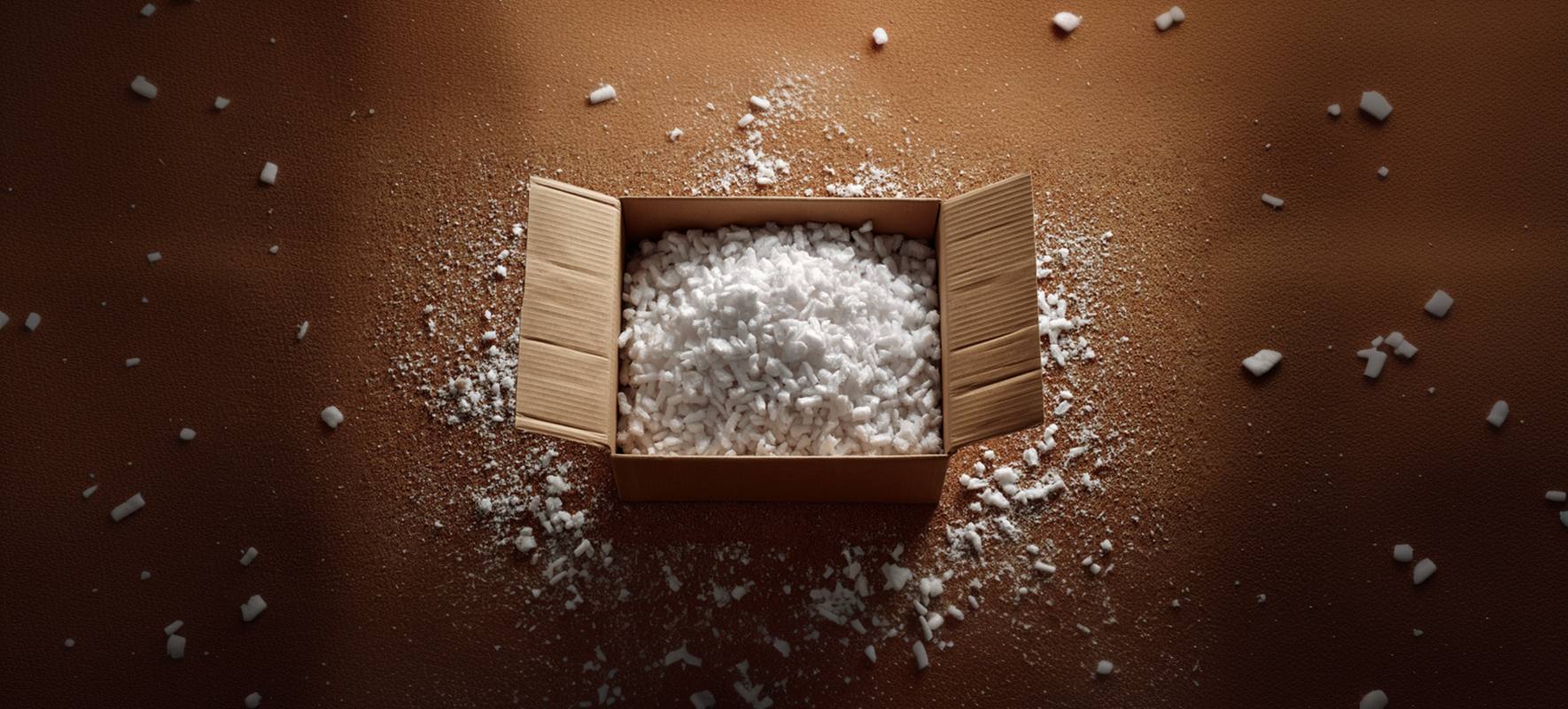 Caja de envío abierta llena de poliestireno de relleno blanco, esparcido sobre una superficie marrón