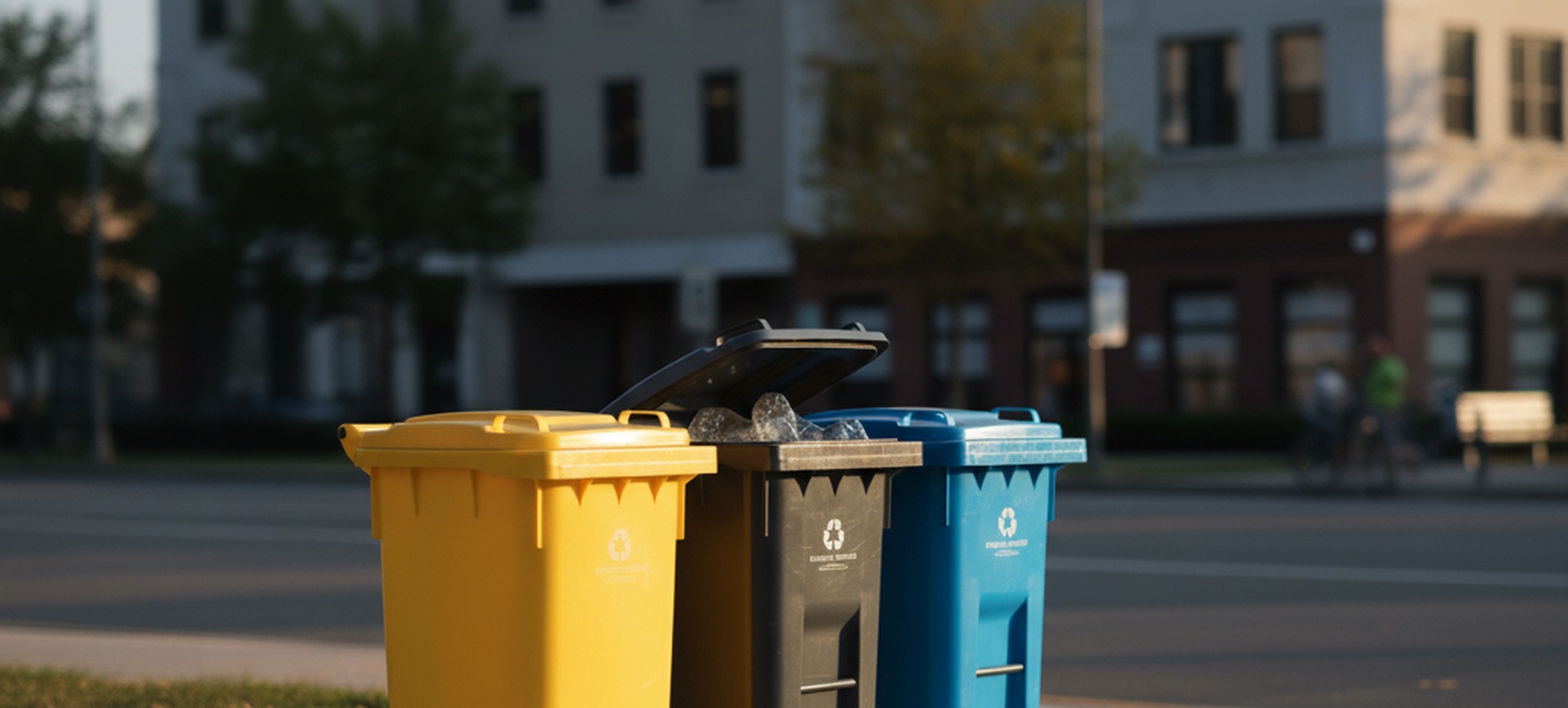 Tres contenedores de reciclaje amarillo, gris abierto y azul alineados en una acera