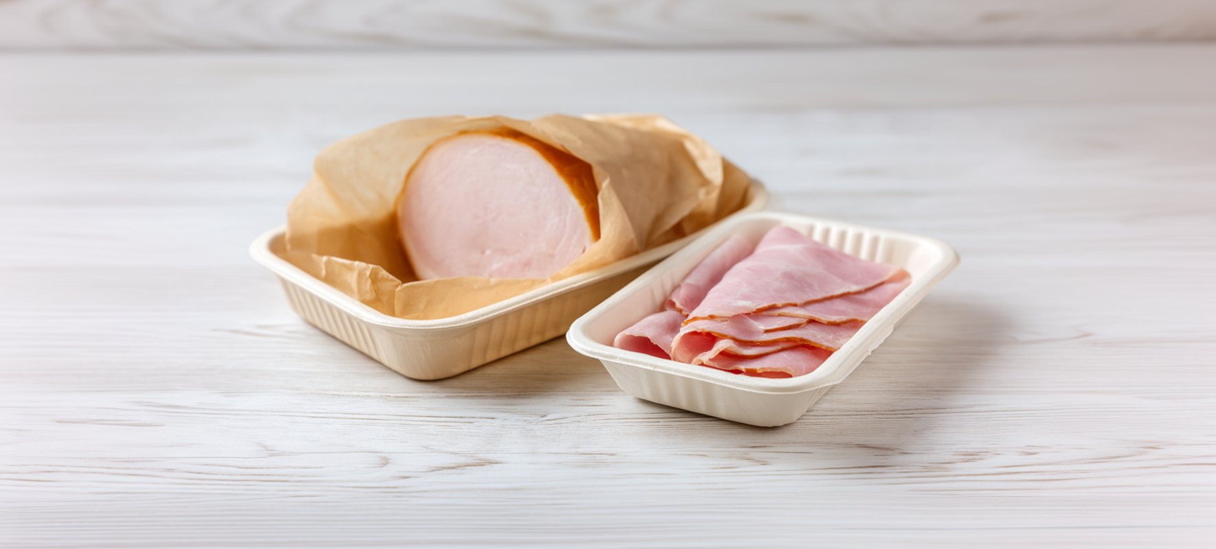 Lonchas de jamón rosado dispuestas en una bandeja compostable sobre un fondo de madera clara