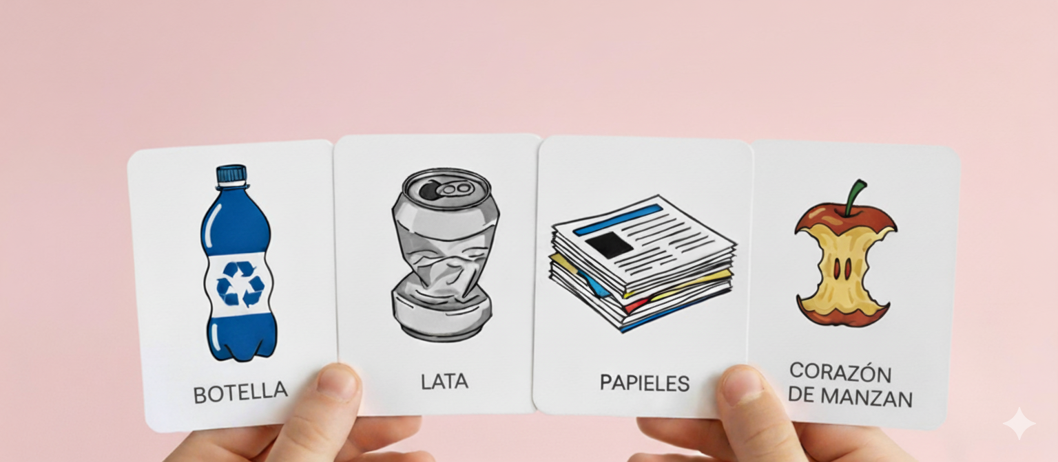Dos manos sostienen cuatro cartas que ilustran botella, lata, papeles y corazón de manzana para el reciclaje