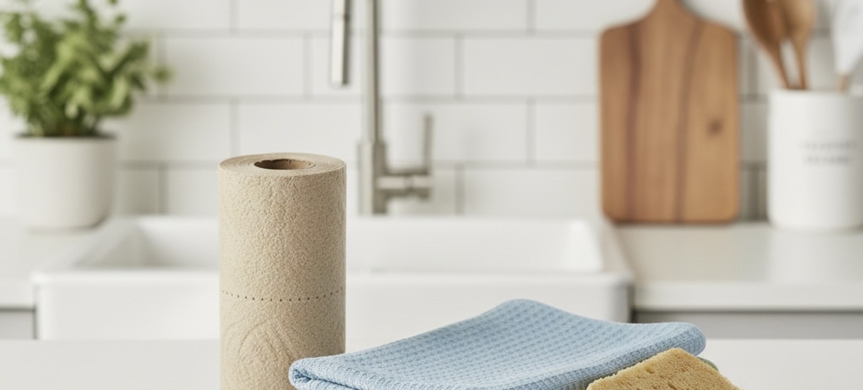 Trapos de cocina apilados con una esponja y un rollo de papel de cocina colocados sobre una encimera