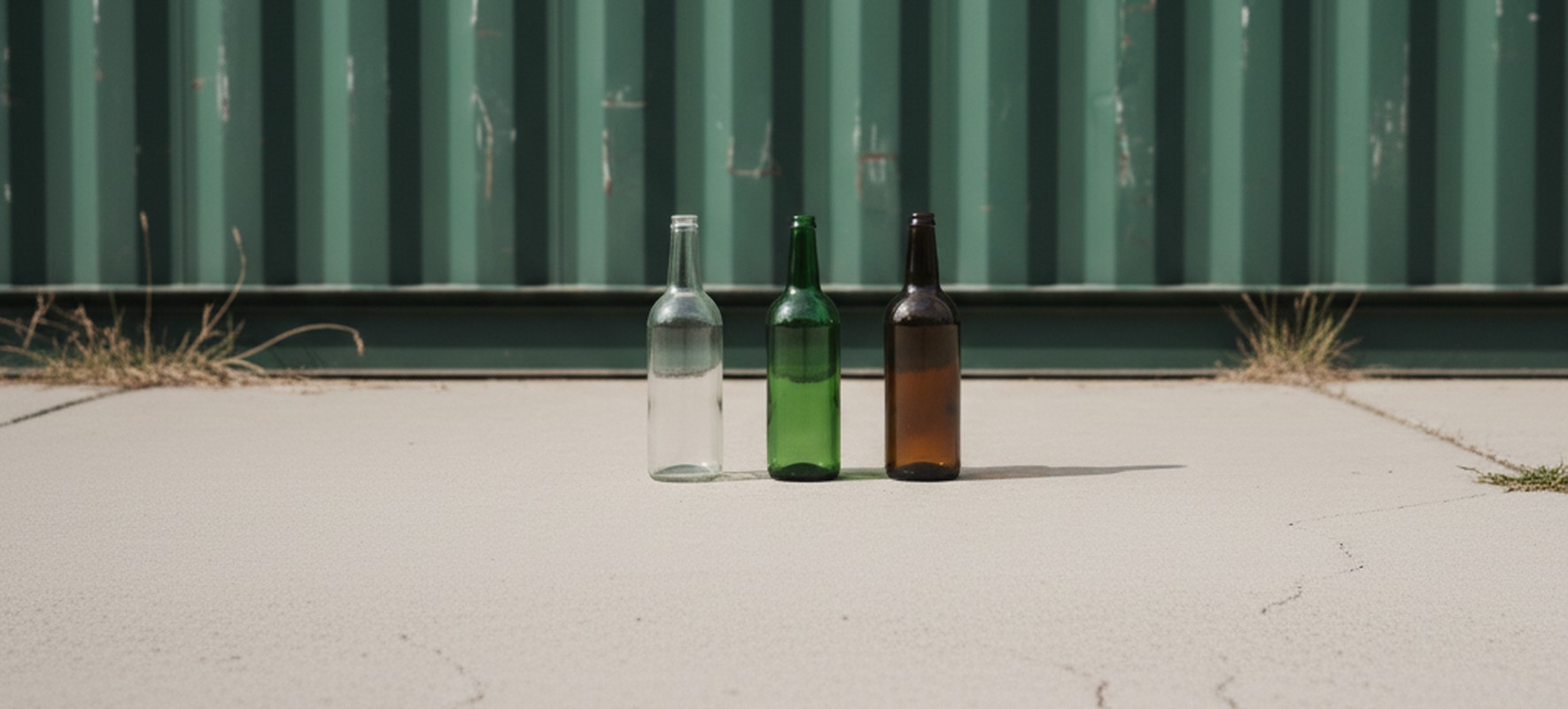 Tres botellas de vidrio vacías alineadas en un suelo de hormigón frente a una pared metálica verde