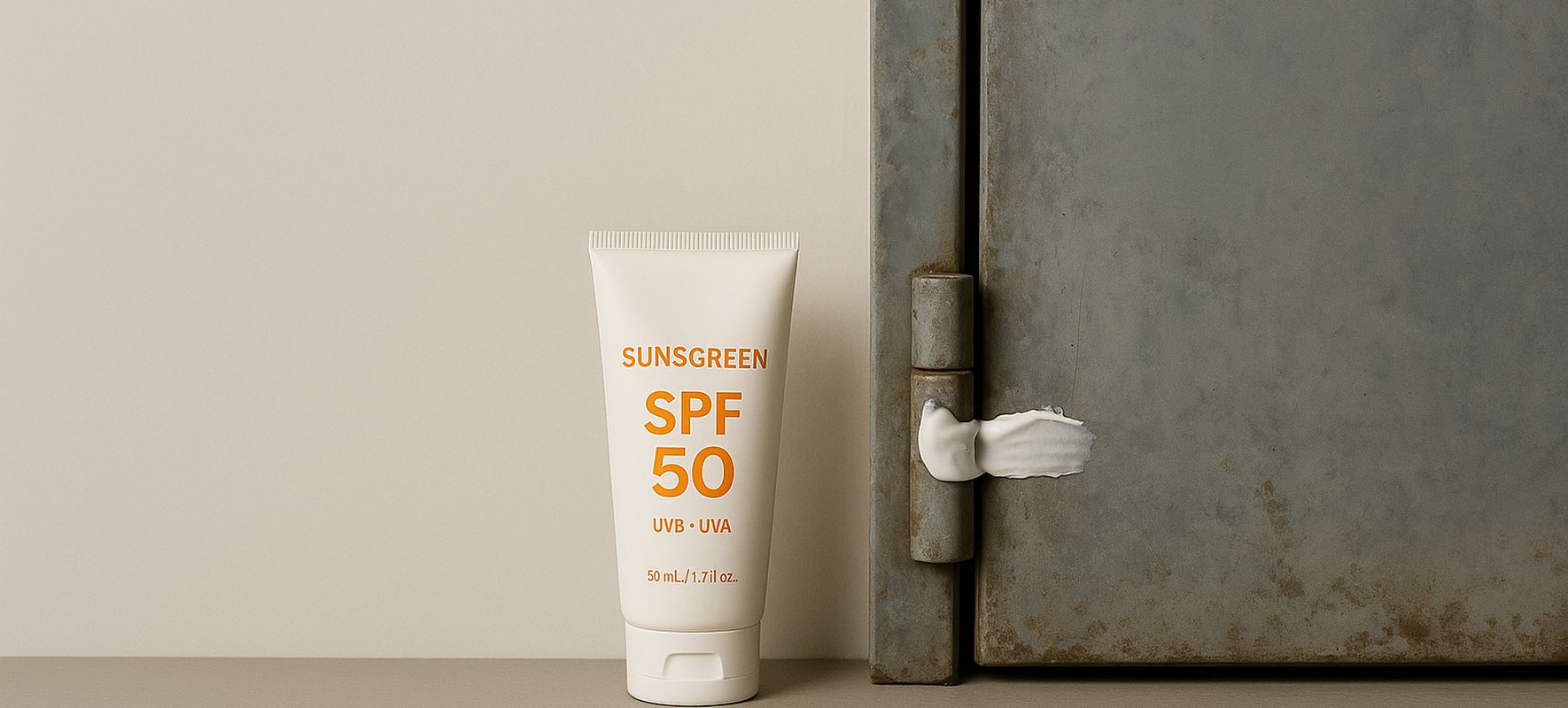 Tubo de crema solar SPF 50 colocado frente a una bisagra metálica
